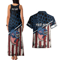 Aggressive Bass Fishing Couples Matching Tank Maxi Dress and Hawaiian Shirt with American Flag Pattern on Grunge Hex Background - Wonder Print Shop