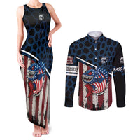 Aggressive Bass Fishing Couples Matching Tank Maxi Dress and Long Sleeve Button Shirt with American Flag Pattern on Grunge Hex Background - Wonder Print Shop