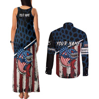 Aggressive Bass Fishing Couples Matching Tank Maxi Dress and Long Sleeve Button Shirt with American Flag Pattern on Grunge Hex Background - Wonder Print Shop