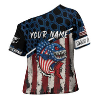 Aggressive Bass Fishing Cross Shoulder Shirt with American Flag Pattern on Grunge Hex Background - Wonder Print Shop