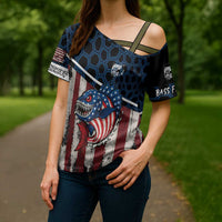 Aggressive Bass Fishing Cross Shoulder Shirt with American Flag Pattern on Grunge Hex Background - Wonder Print Shop
