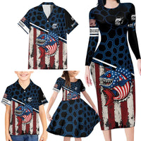 Aggressive Bass Fishing Family Matching Long Sleeve Bodycon Dress and Hawaiian Shirt with American Flag Pattern on Grunge Hex Background - Wonder Print Shop