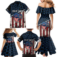 Aggressive Bass Fishing Family Matching Mermaid Dress and Hawaiian Shirt with American Flag Pattern on Grunge Hex Background - Wonder Print Shop
