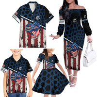Aggressive Bass Fishing Family Matching Off The Shoulder Long Sleeve Dress and Hawaiian Shirt with American Flag Pattern on Grunge Hex Background - Wonder Print Shop