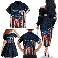 Aggressive Bass Fishing Family Matching Off The Shoulder Long Sleeve Dress and Hawaiian Shirt with American Flag Pattern on Grunge Hex Background - Wonder Print Shop