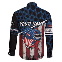 Aggressive Bass Fishing Family Matching Off The Shoulder Long Sleeve Dress and Hawaiian Shirt with American Flag Pattern on Grunge Hex Background - Wonder Print Shop