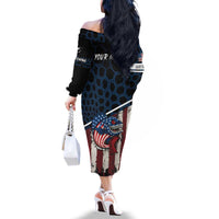 Aggressive Bass Fishing Family Matching Off The Shoulder Long Sleeve Dress and Hawaiian Shirt with American Flag Pattern on Grunge Hex Background - Wonder Print Shop
