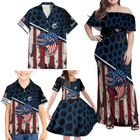 Aggressive Bass Fishing Family Matching Off Shoulder Maxi Dress and Hawaiian Shirt with American Flag Pattern on Grunge Hex Background - Wonder Print Shop