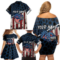 Aggressive Bass Fishing Family Matching Off Shoulder Short Dress and Hawaiian Shirt with American Flag Pattern on Grunge Hex Background - Wonder Print Shop