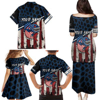 Aggressive Bass Fishing Family Matching Puletasi and Hawaiian Shirt with American Flag Pattern on Grunge Hex Background - Wonder Print Shop