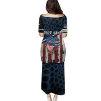 Aggressive Bass Fishing Family Matching Puletasi and Hawaiian Shirt with American Flag Pattern on Grunge Hex Background - Wonder Print Shop