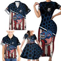 Aggressive Bass Fishing Family Matching Short Sleeve Bodycon Dress and Hawaiian Shirt with American Flag Pattern on Grunge Hex Background - Wonder Print Shop