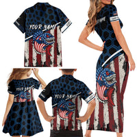Aggressive Bass Fishing Family Matching Short Sleeve Bodycon Dress and Hawaiian Shirt with American Flag Pattern on Grunge Hex Background - Wonder Print Shop