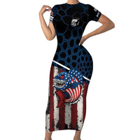 Aggressive Bass Fishing Family Matching Short Sleeve Bodycon Dress and Hawaiian Shirt with American Flag Pattern on Grunge Hex Background - Wonder Print Shop