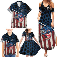 Aggressive Bass Fishing Family Matching Summer Maxi Dress and Hawaiian Shirt with American Flag Pattern on Grunge Hex Background - Wonder Print Shop