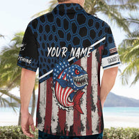 Aggressive Bass Fishing Hawaiian Shirt with American Flag Pattern on Grunge Hex Background - Wonder Print Shop