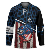 Aggressive Bass Fishing Hockey Jersey with American Flag Pattern on Grunge Hex Background - Wonder Print Shop