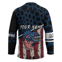 Aggressive Bass Fishing Hockey Jersey with American Flag Pattern on Grunge Hex Background - Wonder Print Shop
