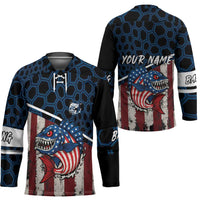 Aggressive Bass Fishing Hockey Jersey with American Flag Pattern on Grunge Hex Background - Wonder Print Shop