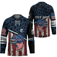 Aggressive Bass Fishing Hockey Jersey with American Flag Pattern on Grunge Hex Background - Wonder Print Shop