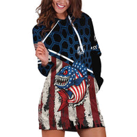 Aggressive Bass Fishing Hoodie Dress with American Flag Pattern on Grunge Hex Background - Wonder Print Shop