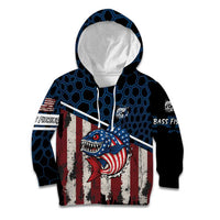 Aggressive Bass Fishing Kid Hoodie with American Flag Pattern on Grunge Hex Background - Wonder Print Shop