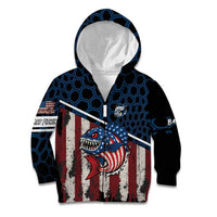 Aggressive Bass Fishing Kid Hoodie with American Flag Pattern on Grunge Hex Background - Wonder Print Shop