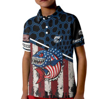Aggressive Bass Fishing Kid Polo Shirt with American Flag Pattern on Grunge Hex Background - Wonder Print Shop