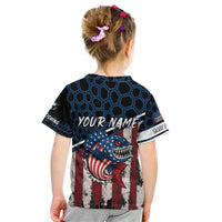 Aggressive Bass Fishing Kid T Shirt with American Flag Pattern on Grunge Hex Background - Wonder Print Shop