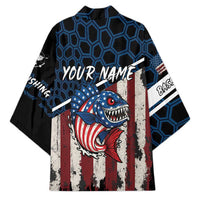 Aggressive Bass Fishing Kimono with American Flag Pattern on Grunge Hex Background - Wonder Print Shop