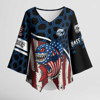 Aggressive Bass Fishing Kimono Sleeve Blouse with American Flag Pattern on Grunge Hex Background - Wonder Print Shop
