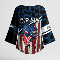 Aggressive Bass Fishing Kimono Sleeve Blouse with American Flag Pattern on Grunge Hex Background - Wonder Print Shop