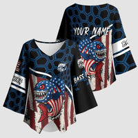 Aggressive Bass Fishing Kimono Sleeve Blouse with American Flag Pattern on Grunge Hex Background - Wonder Print Shop