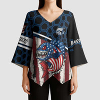 Aggressive Bass Fishing Kimono Sleeve Blouse with American Flag Pattern on Grunge Hex Background - Wonder Print Shop