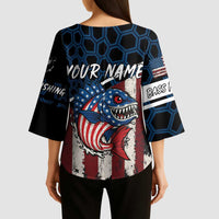 Aggressive Bass Fishing Kimono Sleeve Blouse with American Flag Pattern on Grunge Hex Background - Wonder Print Shop