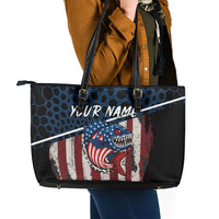 Aggressive Bass Fishing Leather Tote Bag with American Flag Pattern on Grunge Hex Background - Wonder Print Shop