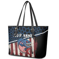 Aggressive Bass Fishing Leather Tote Bag with American Flag Pattern on Grunge Hex Background - Wonder Print Shop