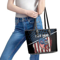 Aggressive Bass Fishing Leather Tote Bag with American Flag Pattern on Grunge Hex Background - Wonder Print Shop