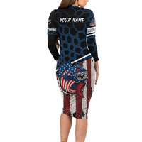 Aggressive Bass Fishing Long Sleeve Bodycon Dress with American Flag Pattern on Grunge Hex Background - Wonder Print Shop
