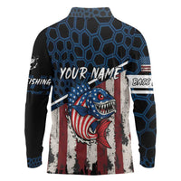 Aggressive Bass Fishing Long Sleeve Polo Shirt with American Flag Pattern on Grunge Hex Background - Wonder Print Shop
