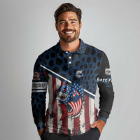 Aggressive Bass Fishing Long Sleeve Polo Shirt with American Flag Pattern on Grunge Hex Background - Wonder Print Shop