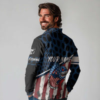 Aggressive Bass Fishing Long Sleeve Polo Shirt with American Flag Pattern on Grunge Hex Background - Wonder Print Shop
