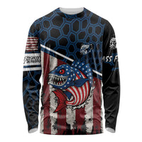 Aggressive Bass Fishing Long Sleeve Shirt with American Flag Pattern on Grunge Hex Background - Wonder Print Shop