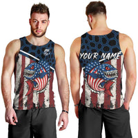 Aggressive Bass Fishing Men Tank Top with American Flag Pattern on Grunge Hex Background - Wonder Print Shop