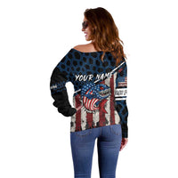 Aggressive Bass Fishing Off Shoulder Sweater with American Flag Pattern on Grunge Hex Background - Wonder Print Shop