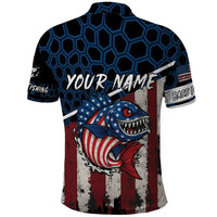 Aggressive Bass Fishing Polo Shirt with American Flag Pattern on Grunge Hex Background - Wonder Print Shop