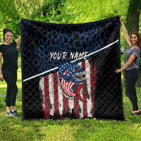 Aggressive Bass Fishing Quilt with American Flag Pattern on Grunge Hex Background - Wonder Print Shop