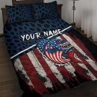 Aggressive Bass Fishing Quilt Bed Set with American Flag Pattern on Grunge Hex Background - Wonder Print Shop