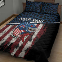 Aggressive Bass Fishing Quilt Bed Set with American Flag Pattern on Grunge Hex Background - Wonder Print Shop