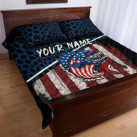 Aggressive Bass Fishing Quilt Bed Set with American Flag Pattern on Grunge Hex Background - Wonder Print Shop